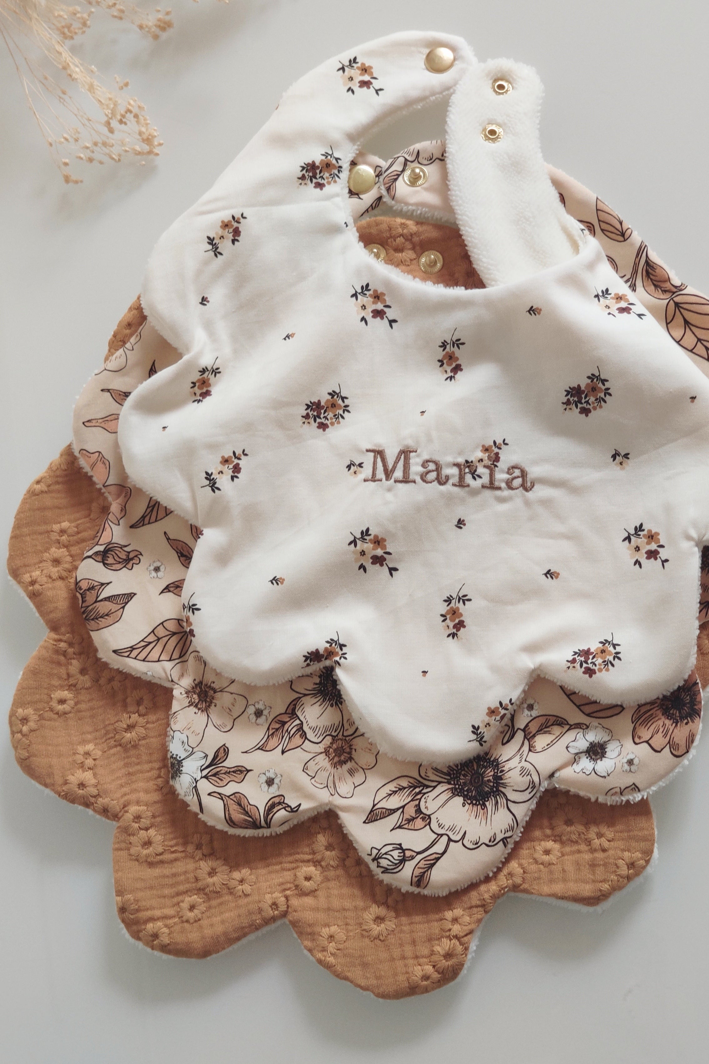 Lot de 3 bavoirs fleurs - Marron Camel