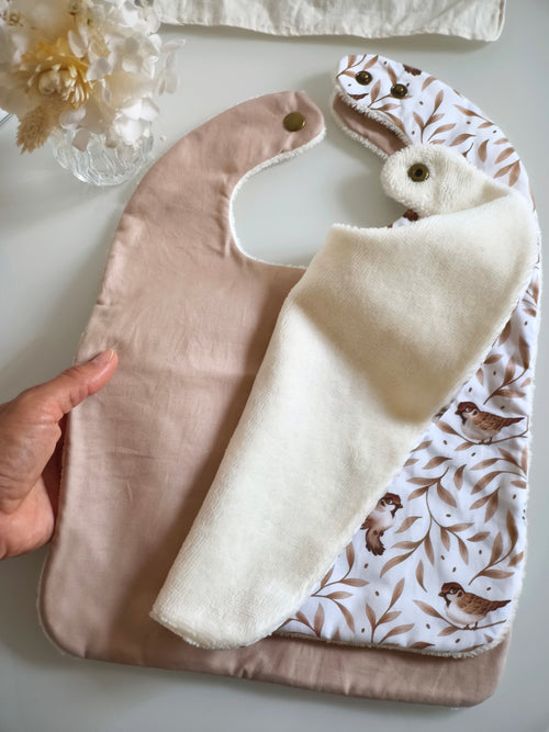 2 Bavoirs Beige Oiseaux